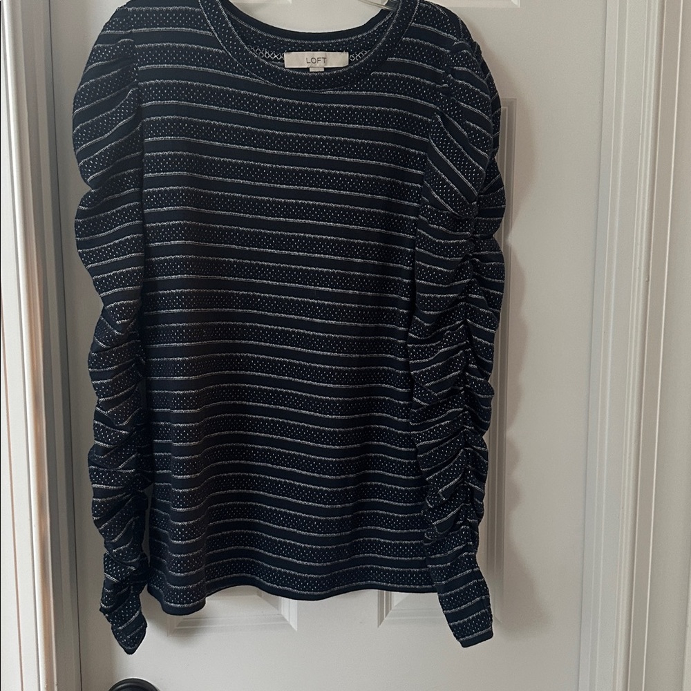 LOFT Navy and White Ruched Sleeve Blouse